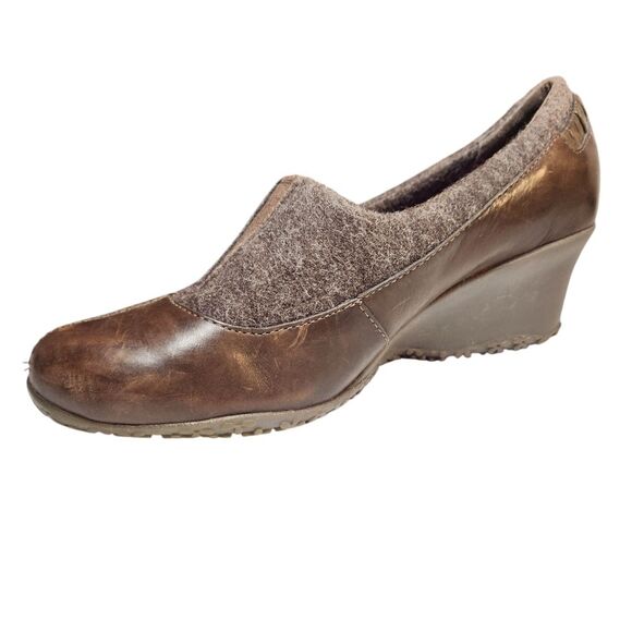 Merrell‎ Women's Shoes Wedge Tulip Espresso Brown Leather Wool Slip On Air 8 - Picture 1 of 15